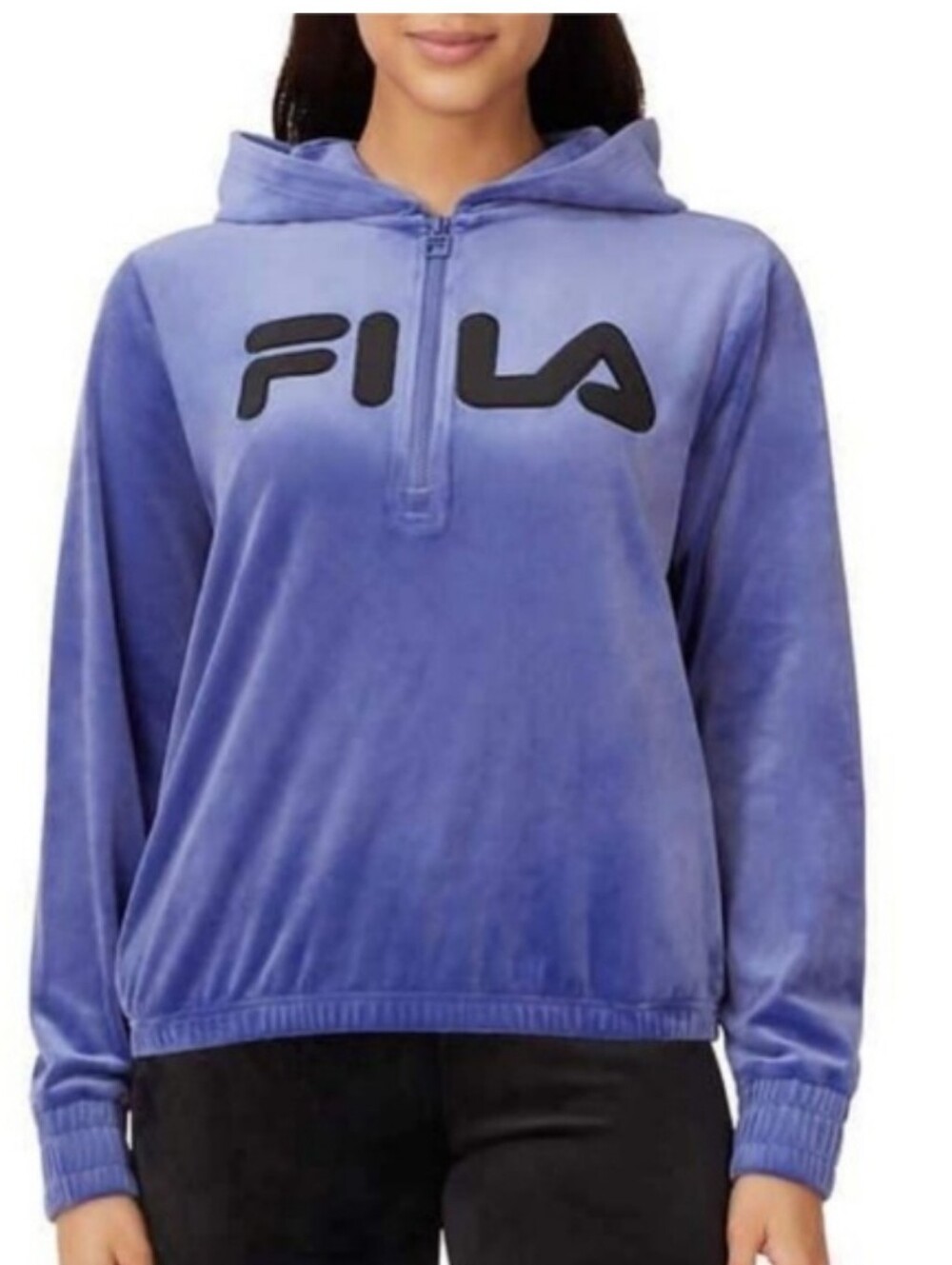 FILA Velour Quarter Zip Hoodie with Black Logo Vibrant Periwinkle / Royal Blue